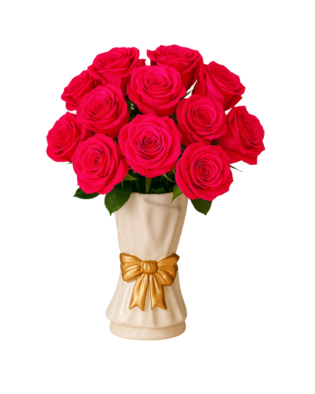 A Dozen Crimson Preserved Roses in Golden Bowed Vase | Tesoro Bloom
