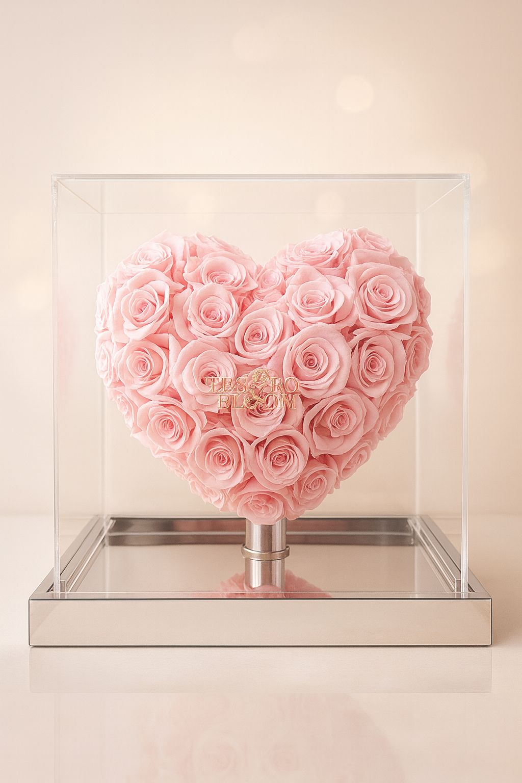 Luxury Heart-Shaped Pink Preserved Roses in Acrylic Case – Tesoro Bloom